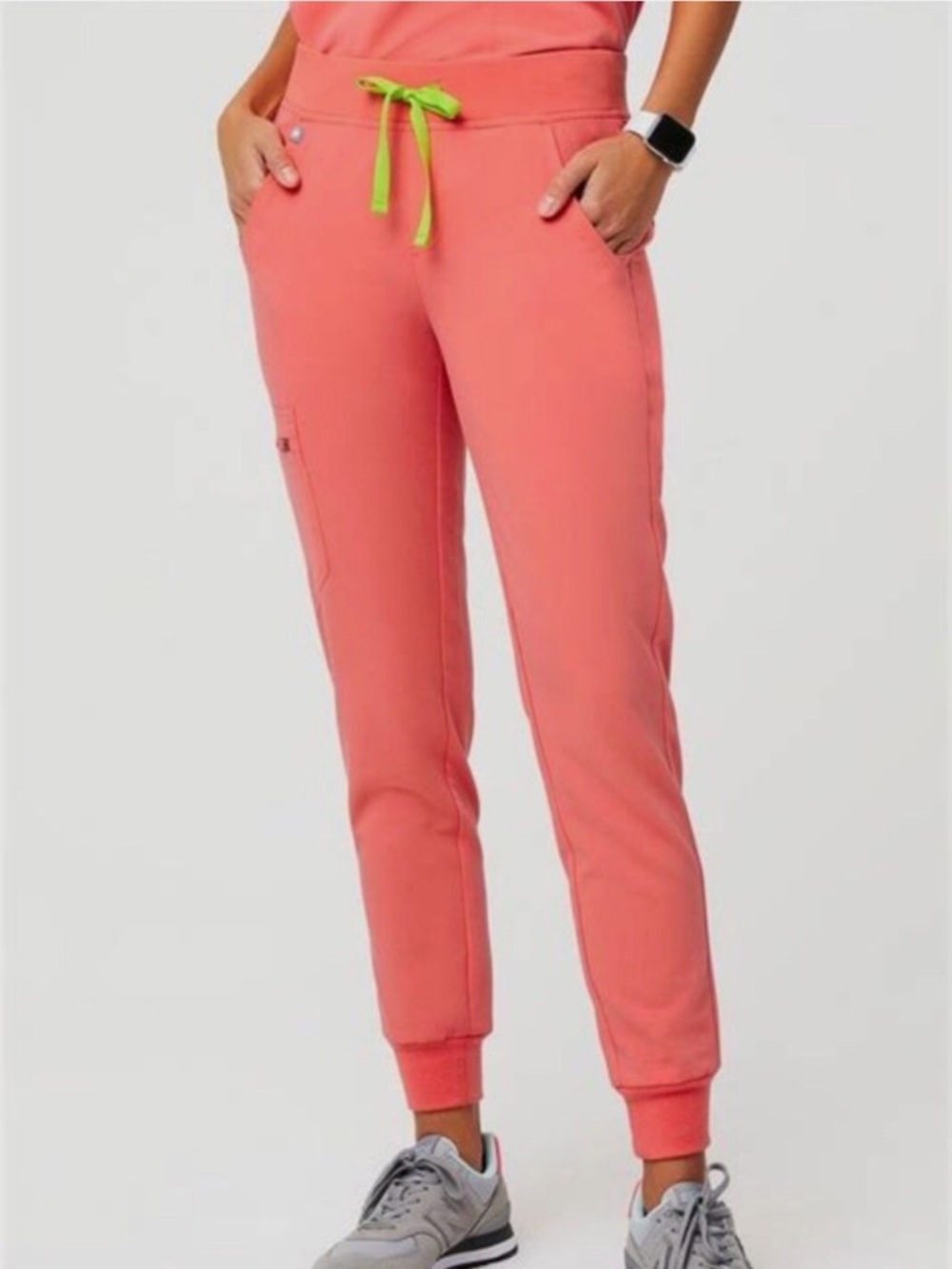 Figs Hot Coral Jogger with Neon Lime Drawstring